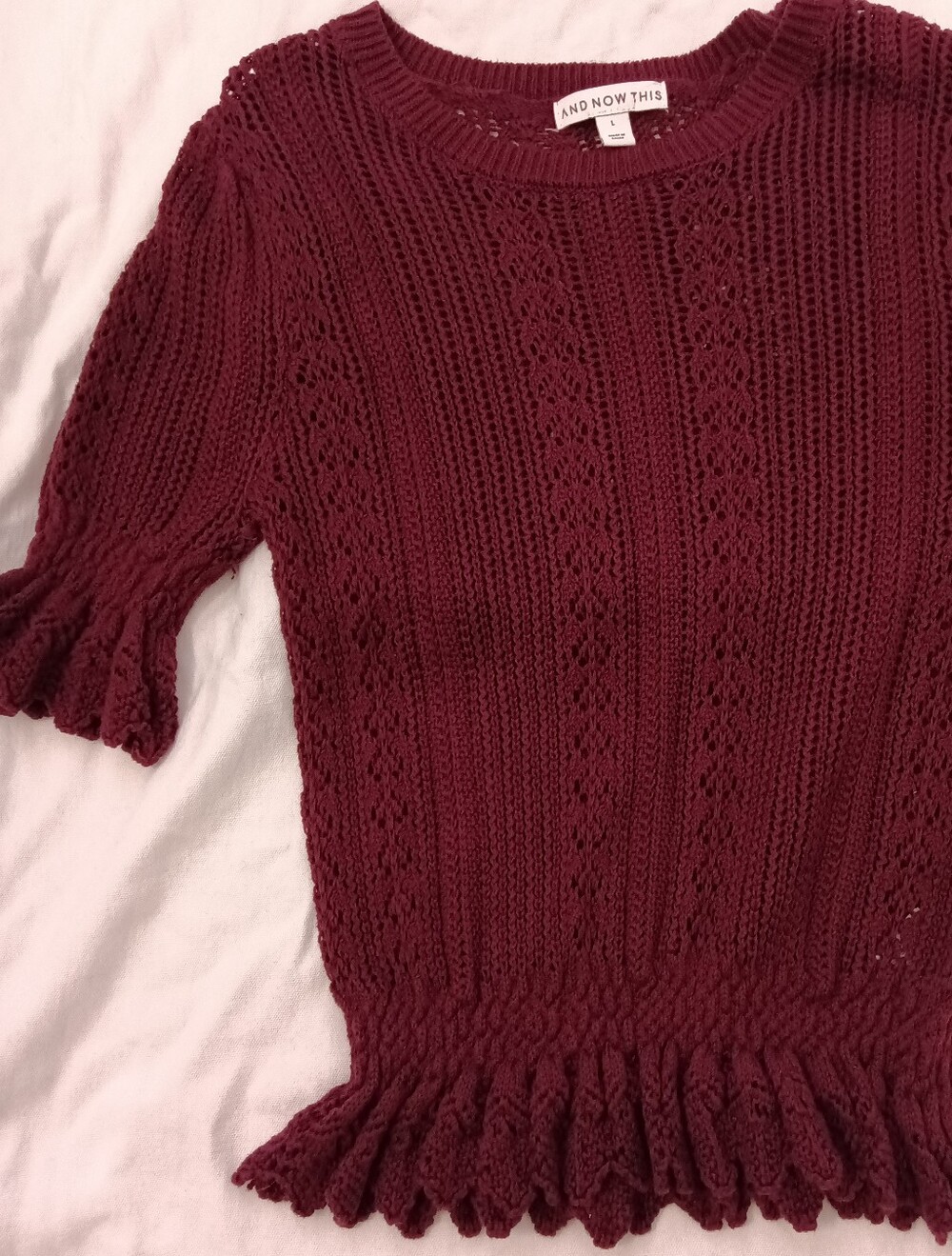 And Now This Burgundy Ruffle-Hem Knit Lace Romantic Cotton Blend Top Large